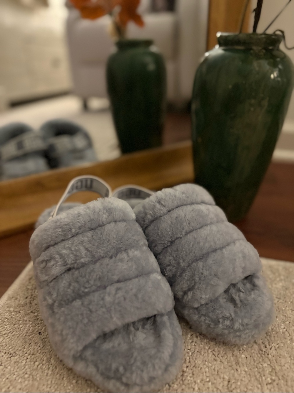 UGG Gray Plush Shearling Slide with Branded Elastic Strap